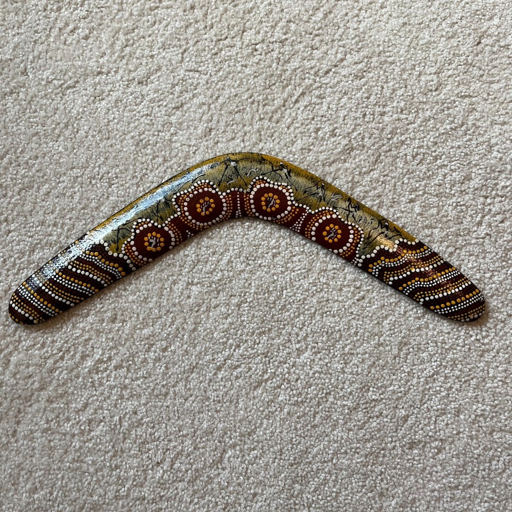 Vintage Aboriginal Wooden Boomerang 18" Handmade Hand Painted Dot Art Australia